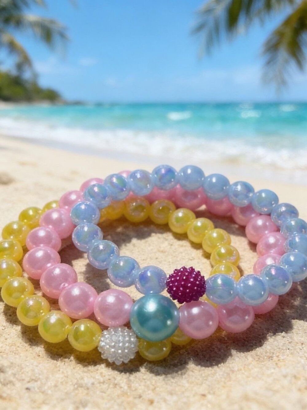 Pastel Beaded Bracelet Stack 3-Pc Iridescent Mermaidcore Summer Gift - Picture 5 of 6